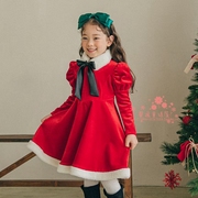 女童韩国童装PB2021冬季宝宝圣诞新年金丝绒泡泡袖毛领加厚公主裙