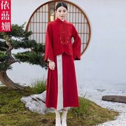 新中式国风毛呢外套裙子，2024春季高级感气质红色连衣裙两件套