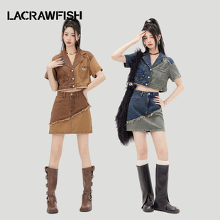 lacrawfish甜酷复古水洗拼色毛边短袖牛仔上衣美拉德外套女短款