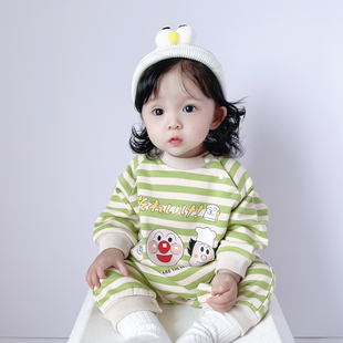 ins秋冬季韩版婴儿，可爱卡通条纹加绒长袖连体衣，男女宝宝宽松爬服