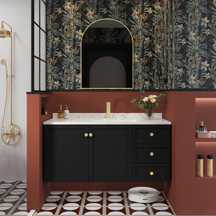 法式黑洗漱台岩板浴室柜，组合橡木洗手盆柜复古卫生间，洗脸盆柜组合