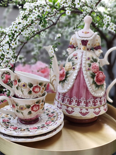 陶瓷浮雕花玫瑰茶壶茶杯套装茶具组咖啡壶咖啡杯组合整套泡茶壶