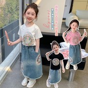 女童t恤短袖夏季2024儿童，新中式国风盘扣，上衣牛仔裙两件套潮