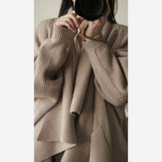APC绒尖奢享 欧洲简约设计大翻领重磅针织休闲女大码开衫羊绒大衣