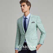 吉约蒙西服外套男士浅绿色修身商务休闲格子西装上衣单件单西春季