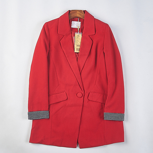 韩版复古红色宽松休闲西装外套，女12.2h76924春秋，一粒扣中长款西服