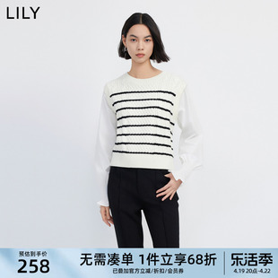 lily2024春女装含绵羊毛复古条纹，设计感假两件衬衫毛衣上衣女