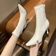 白色加绒短靴女2024春秋季时装，靴子尖头细跟高跟鞋中筒马丁靴