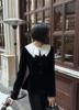 黑色长袖丝绒外套女春秋设计感小众，撞色条纹娃娃领慵懒软糯上衣潮
