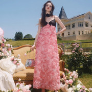 高定轻奢女装粉红色立体花朵玫瑰吊带长裙法式礼服