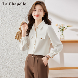拉夏贝尔法式设计感通勤衬衫，女2024春季气，质轻熟翻领雪纺长袖