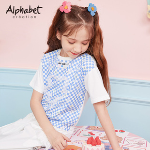 爱法贝女童格子，t恤短袖夏季韩版洋气中大儿童装上衣体恤