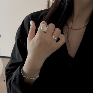 WINDD重工玛瑙戒指套装 S925纯银小众韩国夸张叠戴开口可调节指环