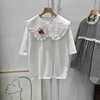 针织棉质女士娃娃领白色短袖t恤女夏季女装设计感小众宽松上衣