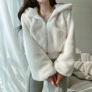 韩国chic秋冬法式小个子，修身显瘦灯笼袖拉链连帽加厚短款毛毛外套