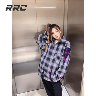 RRC美式vintage紫色小众衬衣男女设计感破坏格子衬衫外套