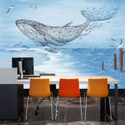 3d立体线条手绘鲸鱼，墙纸客厅电视背景墙壁纸，卧室抽象装饰壁画墙布