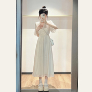高级感白色连衣裙女夏季温，柔风小个子法式泡泡袖，v领收腰显瘦长裙