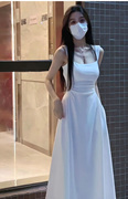 初恋女神白色吊带连衣裙收腰气质高级感纯色a字裙子小众显瘦长裙