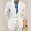 JUESION 青果领白色西装套装男商务绅士修身一粒扣结婚礼新郎礼服