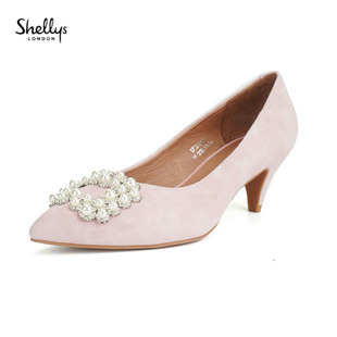 38-39羊皮shellys英国名媛尖头2023细跟粉色珍珠婚鞋法式单鞋