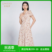 umisky优美世界女装，夏季法式优雅浪漫v领印花连衣裙vi2d1041