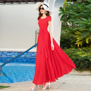 红色波西米亚沙滩裙女2024显瘦长裙仙雪纺大摆连衣裙拖地超长