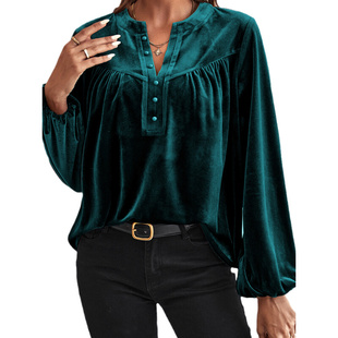 ebay跨境秋季纯色套头V领长袖上衣女欧美通勤风衬衫女