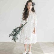 韩国女童连衣裙夏天高贵复古裙子中大童洋气甜美蕾丝裙女孩公主裙