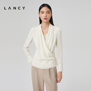 LANCY/朗姿2023年春季桑蚕丝白色衬衫收腰显瘦通勤职业衬衣女