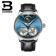瑞士十大品牌宾格手表，男表机械表飞轮镂空机芯，皓月间金皮白