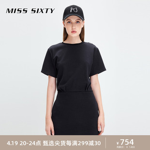 Miss Sixty2023秋季连衣裙女圆领短袖运动风松紧腰显瘦时尚