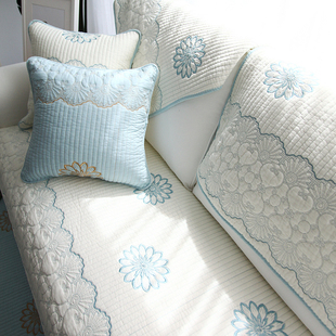 可定制沙发垫子四季通用纯棉沙发套罩飘窗垫组合白色刺绣