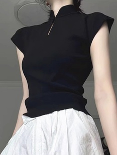 黑色新中式立领小飞袖旗袍上衣女夏季高级感国风禅意修身短袖T恤