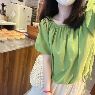 小妍家夏季复古绿色泡泡，袖宽松衬衫女气质，系带薄款小个子短袖上衣