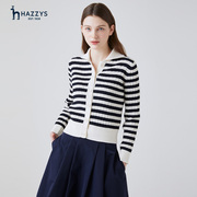 hazzys哈吉斯(哈吉斯)2024年春装，针织衫条纹棉混纺简约薄款女针织开衫