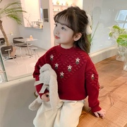 女童毛衣2023红色秋冬宝宝公主韩风针织衫洋气刺绣圣诞拜年服