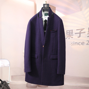 秋冬立领羊毛呢子外套紫色大衣商务修身中长款夹棉厚实男上衣D36