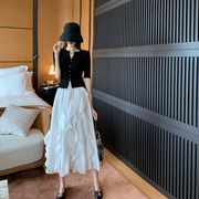 欧洲站2024夏装时装款黑白配减龄气质轻奢高端裙子两件套装女
