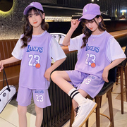 儿童篮球服套装女童女孩女生，速干训练服女款假两件短袖，运动球衣夏