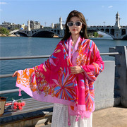 粉色丝巾围巾旅游防晒沙滩巾夏季民族风围巾外搭长款薄款海边披肩