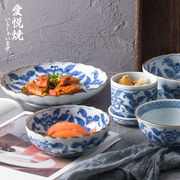 爱悦居日本进口餐具日式陶，瓷釉下彩蓝，茶花盘子家用点心水果盘饭碗