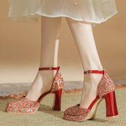 高跟鞋女新娘鞋婚鞋禾秀婚纱，两穿春季一字带，中空红色粗跟单鞋