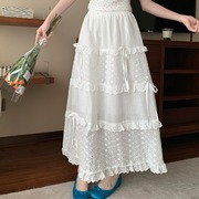 夏季白色蛋糕裙长裙蕾丝花边，仙女蝴蝶结甜美日系高腰坠感中长裙子