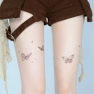 辣妹小众蝴蝶纹身打底美肤袜日系亚文化刺青，印花超薄透明连裤丝袜