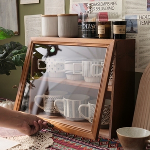 桌面咖啡杯子收纳盒马克杯，茶具展示柜实木，水杯化妆品复古木质带盖