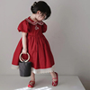 女童红色连衣裙夏季2024宝宝洋气复古法式泡泡袖娃娃领裙子