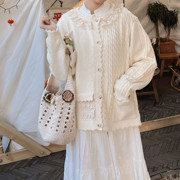 春季森系少女奶白色针织毛衣，开衫蕾丝花边，领减龄麻花纹毛线外套
