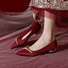 红色婚鞋女低跟中式秀禾订婚新娘，鞋2024年尖头平底单鞋不累脚