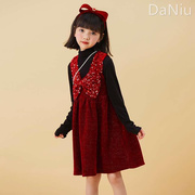 女童红色连衣裙新年套装礼服裙子，大童背心裙圣诞，公主裙儿童秋冬款